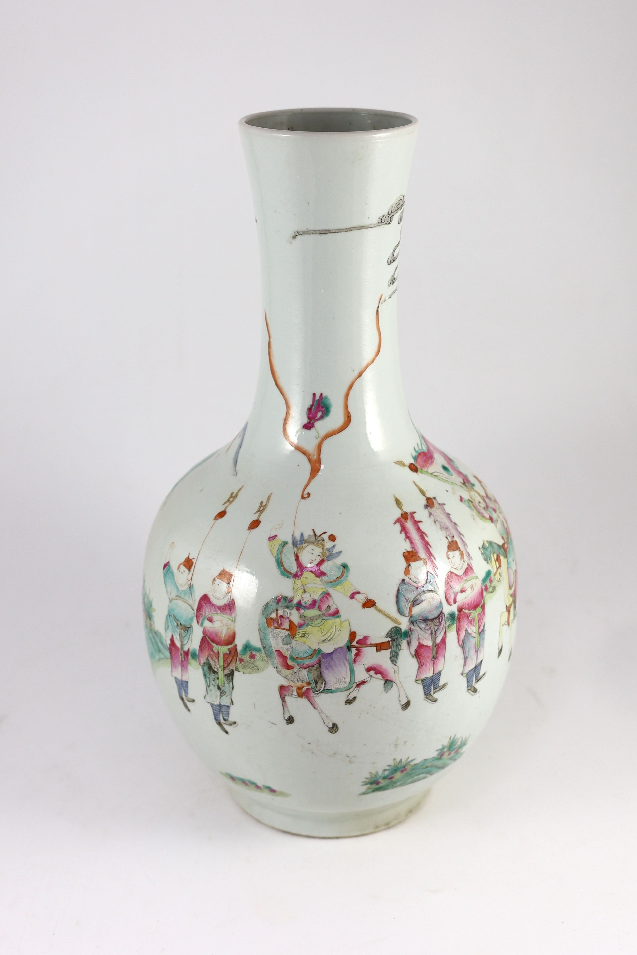 A Chinese famille rose 'warriors' bottle vase, early 20th century, 45cm high